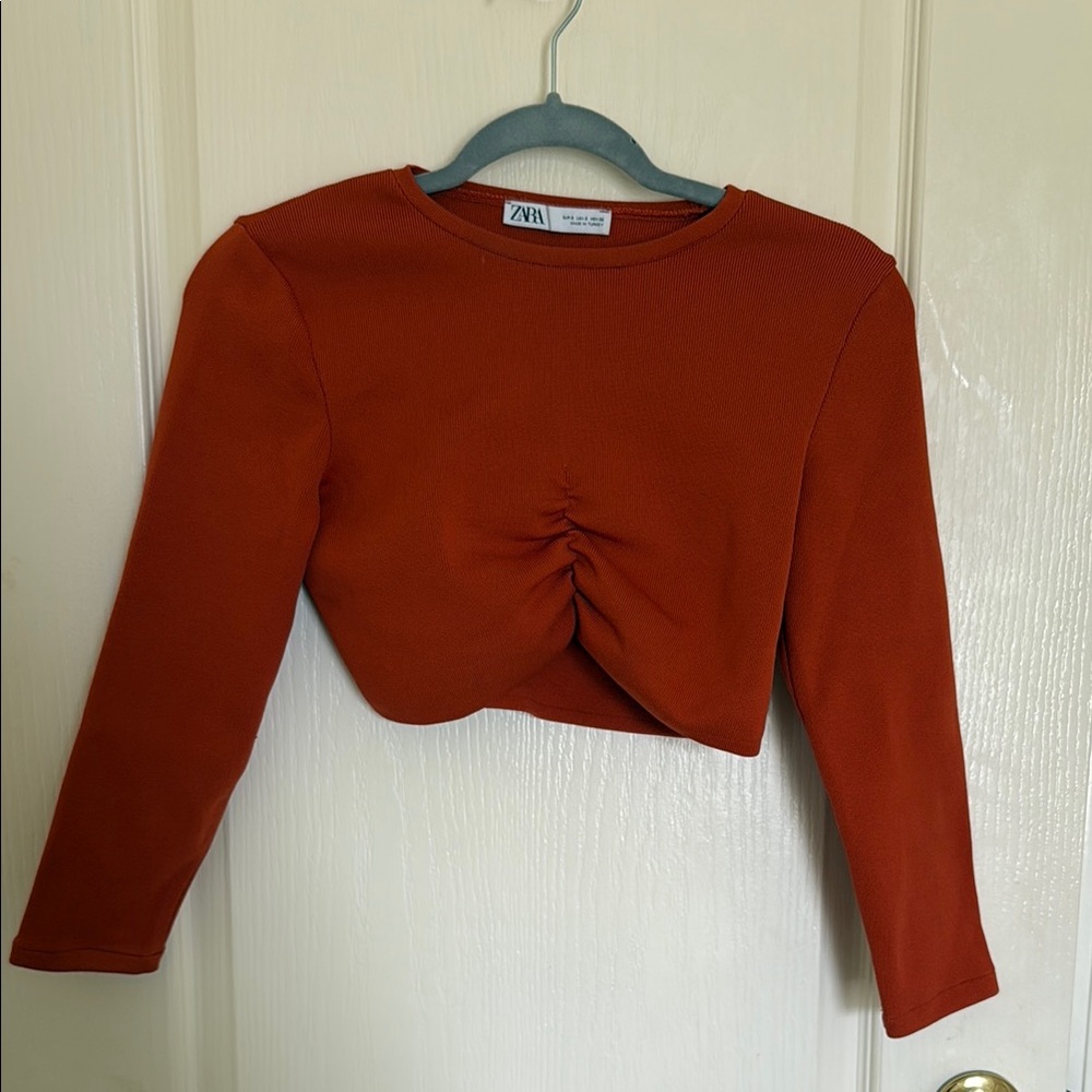 Zara Brown Red Ruched 3/4 Sleeve Crop Blouse